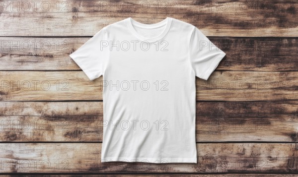 A white t-shirt is laying on a wooden surface. The shirt is unbuttoned and has no design or writing