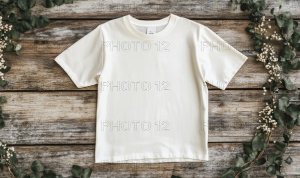 A white t-shirt is sitting on a wooden surface. The shirt is unbuttoned and has a clean, crisp