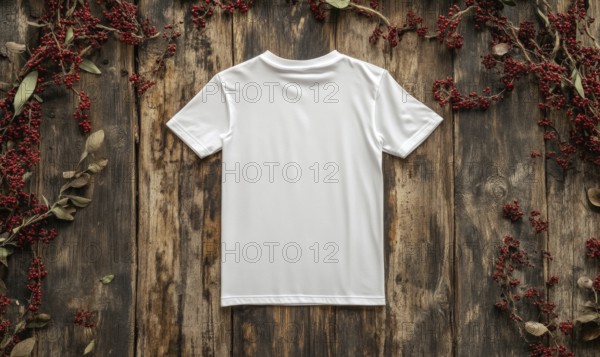 A white t-shirt is displayed on a wooden table with red berries in the background. The t-shirt is