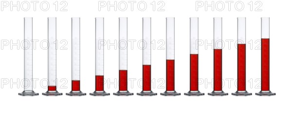 Row of measuring cylinders made of glass, gradually filled with translucent red fluid in front of