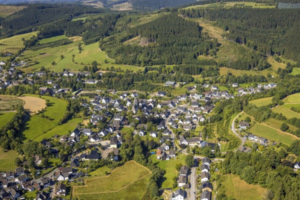 Aerial view, Heinsberg town centre and building site and renovation work on the church tower of the