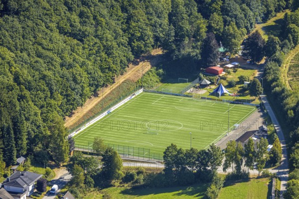 Aerial view, football stadium sports field Vor der Höh, SG Albaum/Heinsberg, sunshades in a meadow,