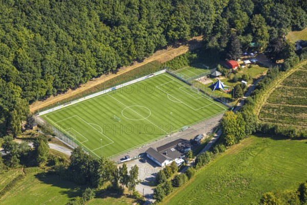 Aerial view, football stadium sports field Vor der Höh, SG Albaum/Heinsberg, sunshades in a meadow,