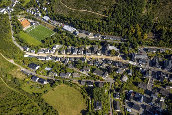 Aerial view, Hundemstraße road construction work with closure, football stadium sports field FC