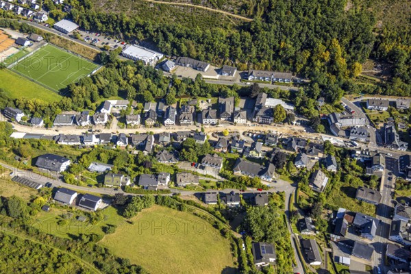 Aerial view, Hundemstraße road construction work with closure, football stadium sports field FC