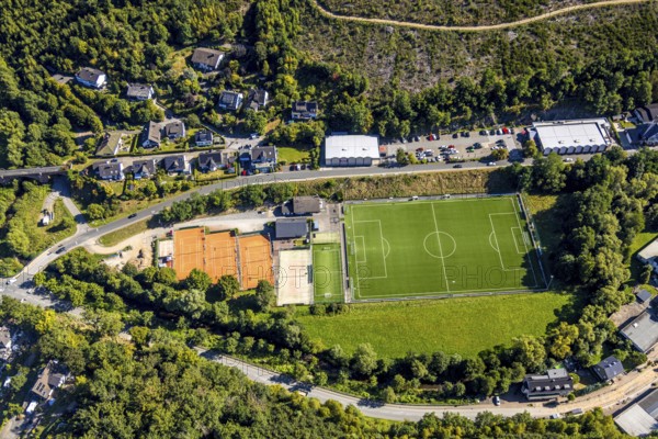 Aerial view, football stadium sports field and tennis court at Bahnhofsweg of FC Kirchhundem 1946 e