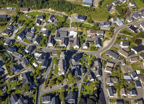 Aerial view, Heinsberg town centre and construction site and renovation work on the steeple of the