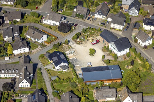 Aerial view, building yard construction site on the road Am Königsberg, Würdinghausen, Kirchhundem,