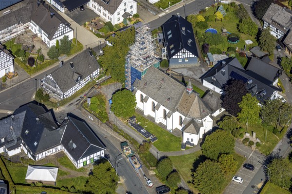 Aerial view, construction site and renovation work on the church tower of the Catholic parish