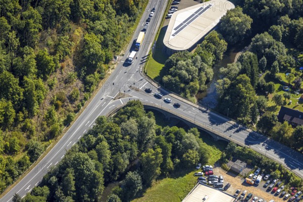 Aerial view, road traffic and Johannes bridge of the federal road B55 over the river Lenne, Bernard