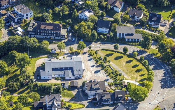Aerial view, residential area and shooting hall Halberbracht, Lennestadt, Sauerland, North