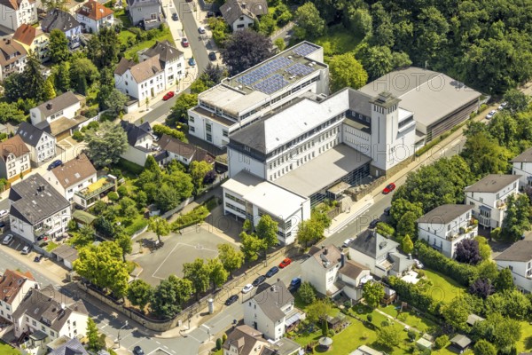 Aerial view, St. Ursula Gymnasium, solar roof, Neheim, Arnsberg, Sauerland, North Rhine-Westphalia,