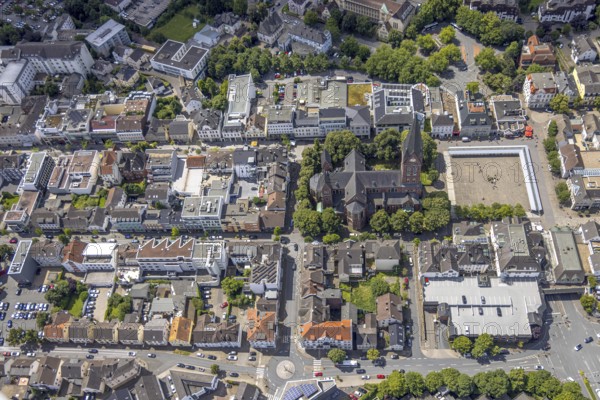 Aerial view, residential area on Hauptstrasse with St. Johannes Baptist Church, Neheim market,
