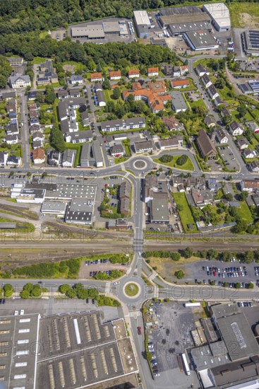Aerial view, two roundabouts Von-Lilien-Straße, between Bahnhofstraße and Kleinbahnstraße,