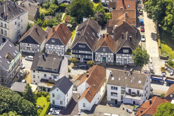 Aerial view, housing estate and half-timbered houses at the corner of Mendener Straße and
