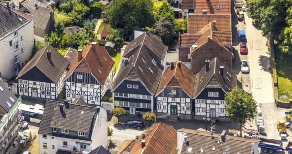 Aerial view, housing estate and half-timbered houses at the corner of Mendener Straße and