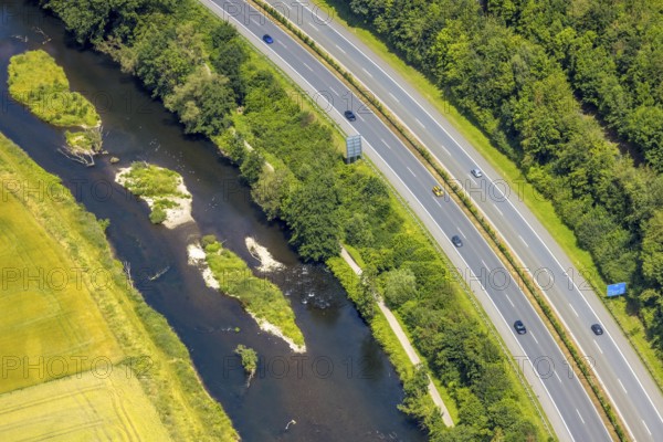 Aerial view, motorway A445 and river Möhne, cycle path, Bergheim, Arnsberg, Sauerland, North