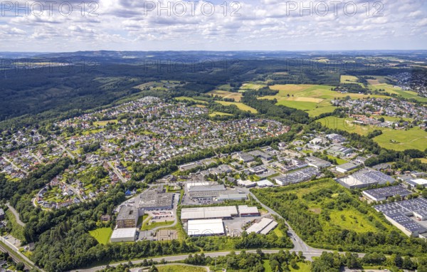 Aerial view, industrial area Von-Siemens-Straße, view of Bergheim, view into the Sauerland, distant