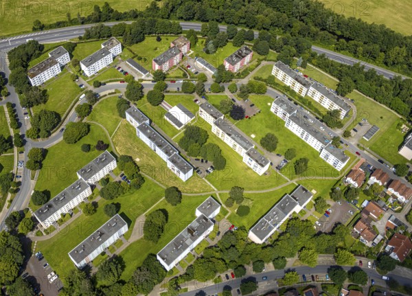 Aerial view, apartment buildings housing estate Moosfelder Ring, terraced houses, Neheim, Arnsberg,