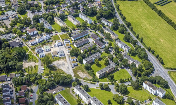 Aerial view, apartment buildings, housing estate Moosfelder Ring, terraced houses, Neheim,
