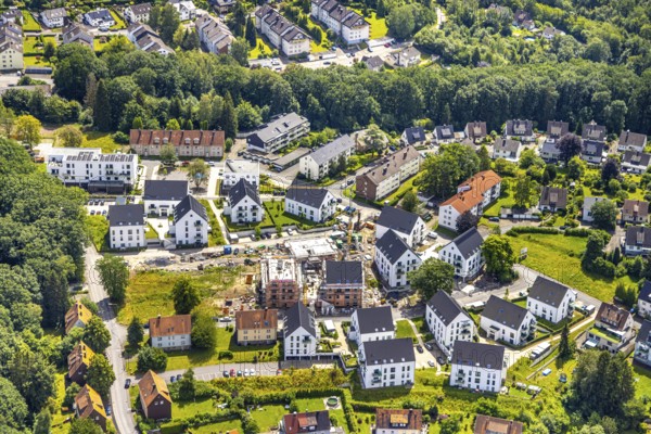 Aerial view, construction site and new construction of apartment buildings, Zum Müggenberg Neheim,
