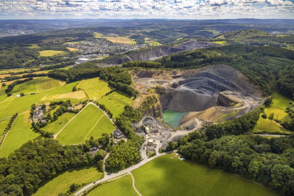 Aerial view, quarry Am Teussenberg, Ebel Steinbruchbetriebe Werk SBH, meadows and forest, distant