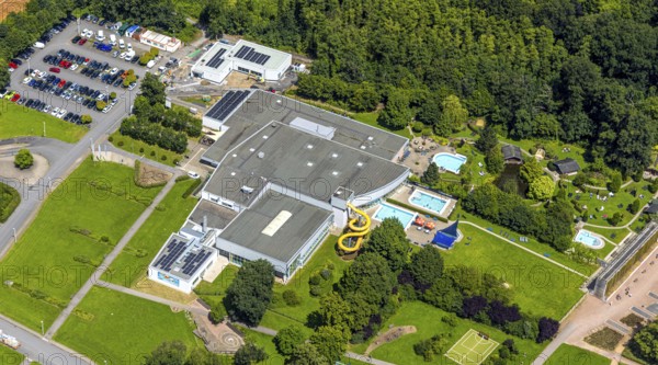 Aerial view, Solepark Große Wiese leisure pool wet with water slide, sunbathing lawn and swimming