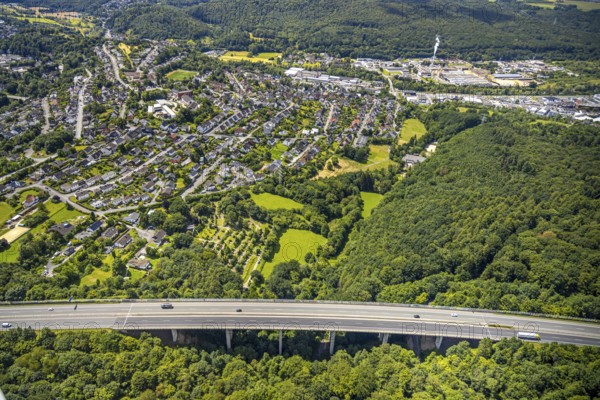 Aerial view, LSG landscape protection area Berbketal, motorway with bridge A46, residential area