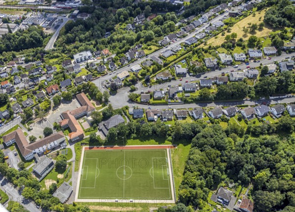 Aerial view, football stadium sports field Schreppenberg, Regenbogenschule and Fröbelschule,