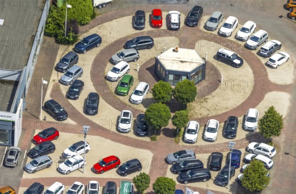 Aerial view, Skoda Autohaus Jost GmbH & Co. KG, new cars set up in the district, Niedereimer,