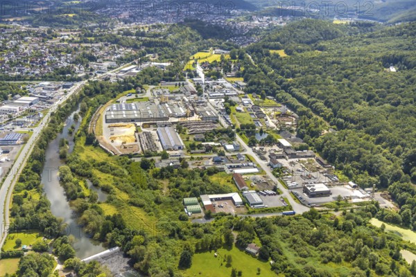 Aerial view, industrial area and sewage treatment plant Hammerweide, river Ruhr and forest area,