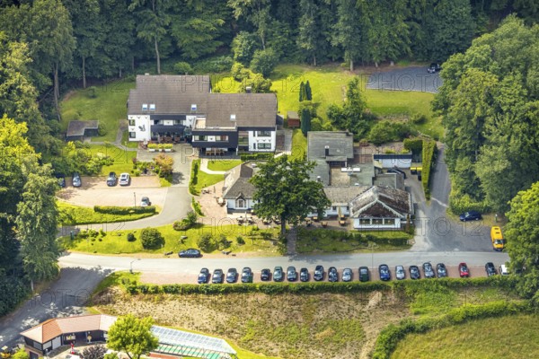 Aerial view, Rodelhaus Hotel and Restaurant, next to the Dorint Hotel, Neheim, Arnsberg, Sauerland,