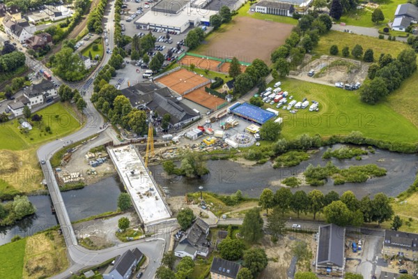 Aerial view, temporary bridge and construction site with new construction of the Dinscheder