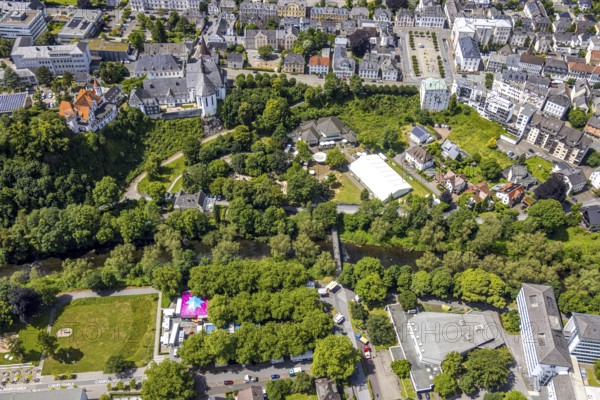 Aerial view, park with river Ruhr and promenade, Neumarkt and Auferstehungskirche, festival hall of