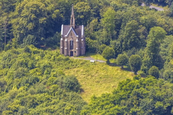 Aerial view, Kreuzberg chapel on the Kreuzberg in the forest area, Arnsberg, Sauerland, North