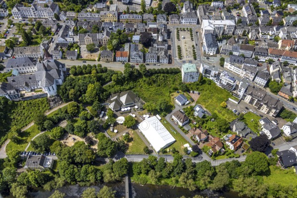 Aerial view, park with river Ruhr and promenade, Neumarkt and Church of the Resurrection, festival