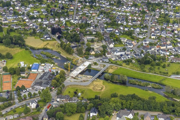 Aerial view, temporary bridge and construction site with new construction of the Dinscheder