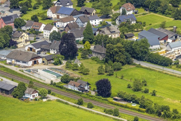 Aerial view, St. Joseph Chapel, Church Im Rohrbruch, residential area and meadow area, Uentrop,
