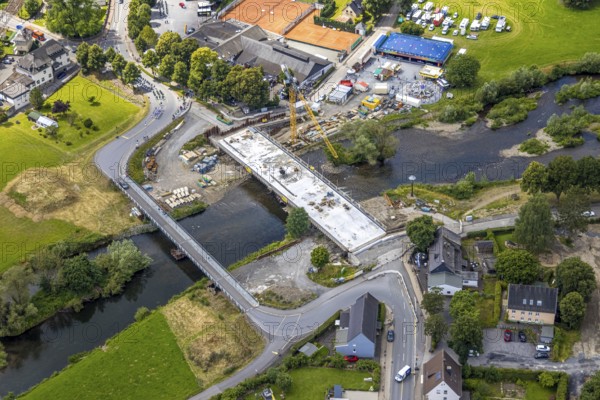 Aerial view, temporary bridge and construction site with new construction of the Dinscheder