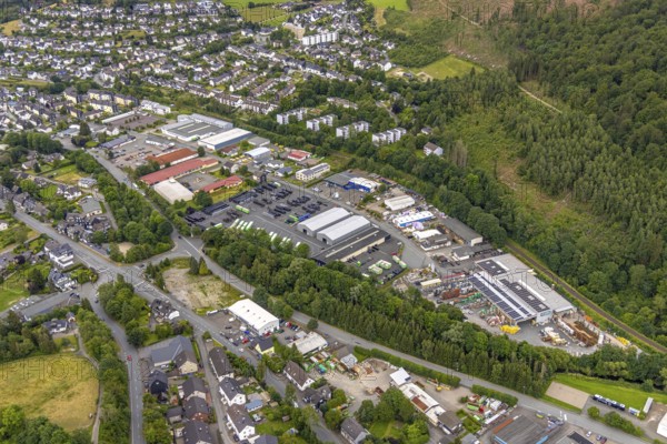 Aerial view, commercial area Unterm Limburg, Am Hilgenacker, residential area at the forest, Bad
