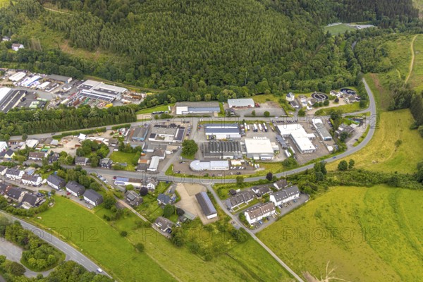 Aerial view, industrial estate Unterm Limburg with sewage treatment plant, Bad Berleburg,