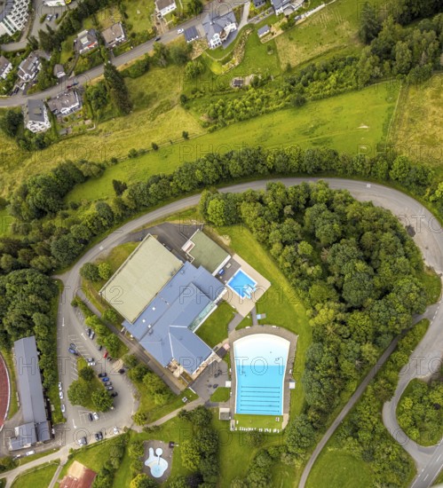 Aerial view, Rothaarbad outdoor pool, Rothaar Wellenfreibad, vertical shot, Bad Berleburg,