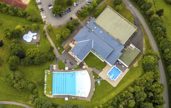 Aerial view, Rothaarbad outdoor pool, Rothaar Wellenfreibad, vertical shot, Bad Berleburg,