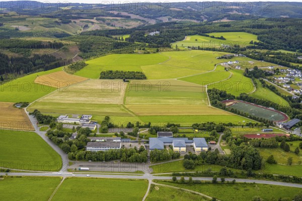 Aerial view, Ludwig-zu-Sayn-Wittgenstein-Schule Hauptschule and Städt. secondary school, meadows
