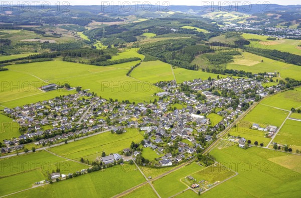 Aerial view, residential area local view Berghausen, forest and meadows hilly landscape with forest