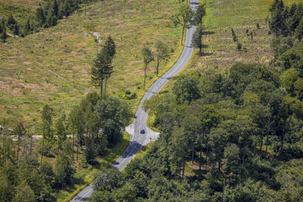 Aerial view, serpentines at the Ochsenkopf between Arnsberg and Sundern in the forest area with