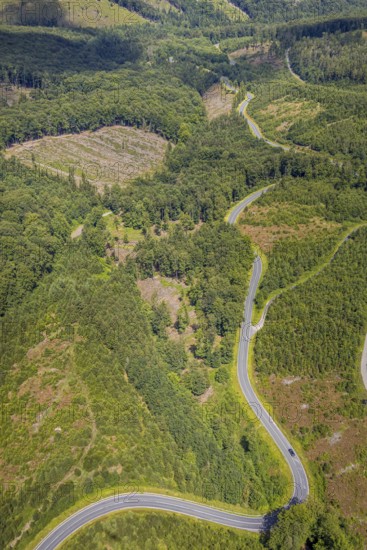 Aerial view, serpentines at the Ochsenkopf between Arnsberg and Sundern in the forest area with