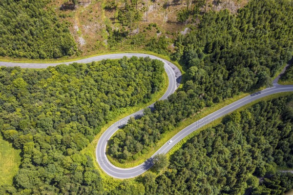 Aerial view, serpentines at the Ochsenkopf between Arnsberg and Sundern in the forest area with