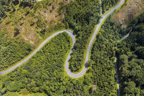 Aerial view, serpentines at the Ochsenkopf between Arnsberg and Sundern in the forest area with