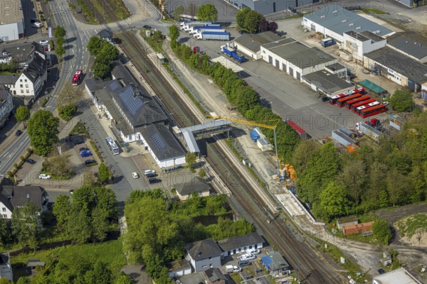 Aerial view, Bestwig railway station, Deutsche Bahn AG, construction site with construction crane,